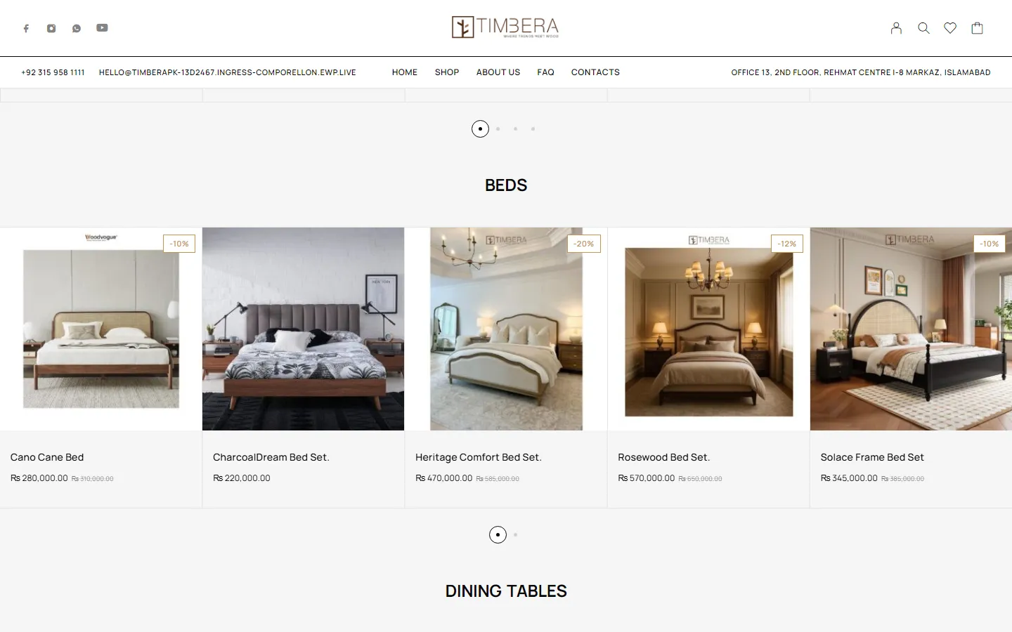 Timbera.pk category rows showing beds and dining tables with prices in rupees